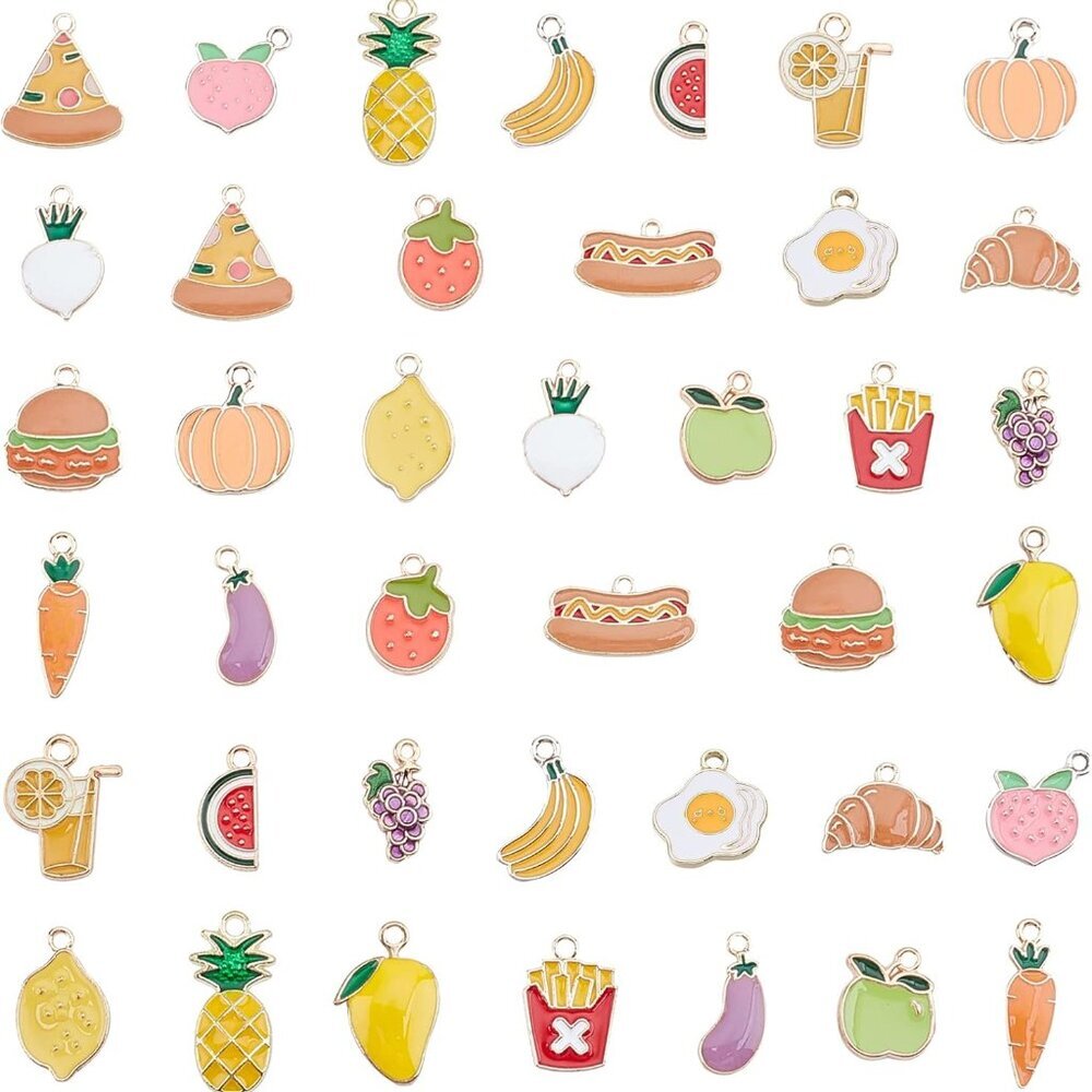 40pcs Fruit Vegetable Pendants, 20 Styles Food Charms Enamel Strawberry Peach Ma